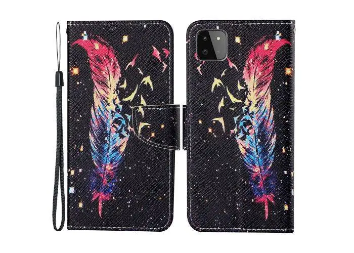 Samsung Galaxy A22 5G - Læder cover / pung - Printet design - Fjer