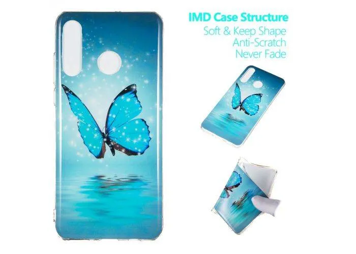 Huawei P30 Lite / P30 Lite New Edition - Selvlysende gummi cover med print - Blå sommerfugl