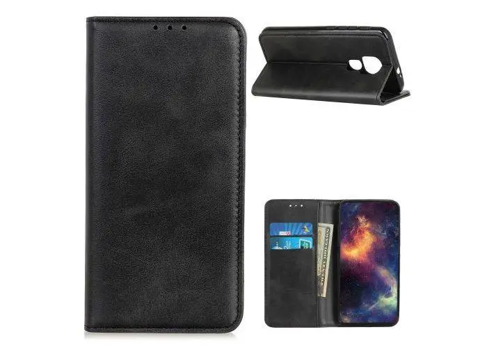 Motorola G9 Play - Flip ægte læder cover / pung - Sort