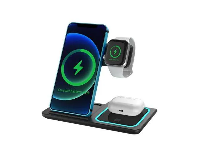 Trådløs 15W 3-i-1 Hurtig oplader til smartphone / Apple Watch / Airpods - Sort