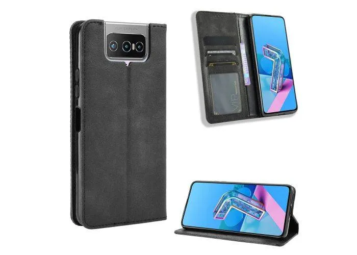 Asus Zenfone 7 ZS670KS/Zenfone 7 Pro ZS671KS - Retro læder cover / pung - Sort
