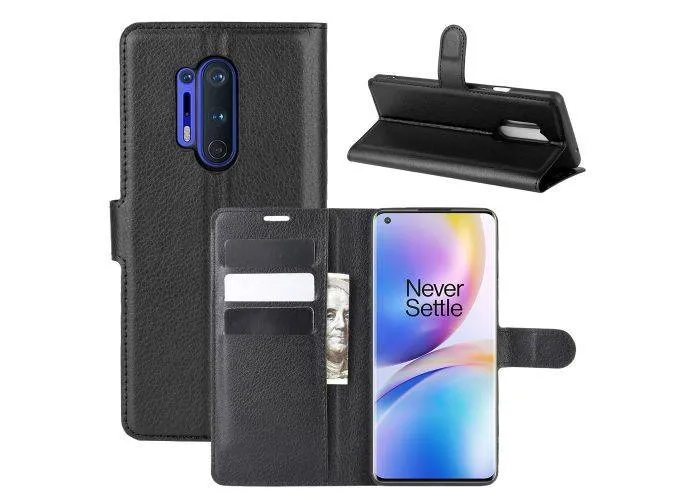 OnePlus 8 Pro - Classic læder cover / pung - Sort