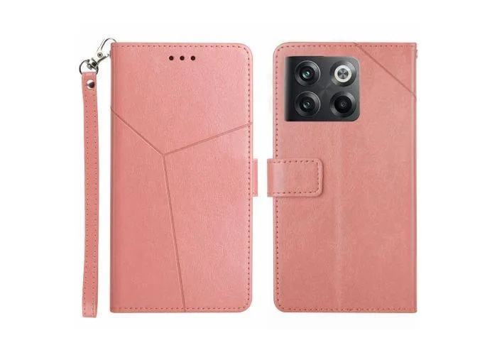 OnePlus 10T 5G - Y-Shape læder cover / pung med aftagelig strop - Pink