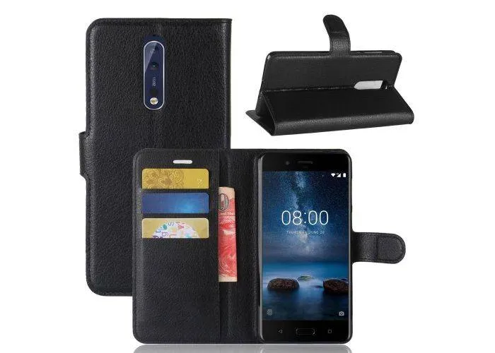 Nokia 8 - læder Cover / Pung - Sort