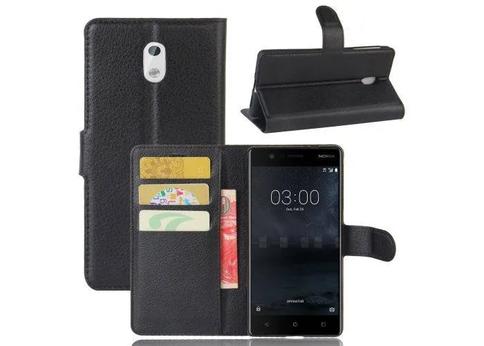 Nokia 3 - læder cover / pung - Sort