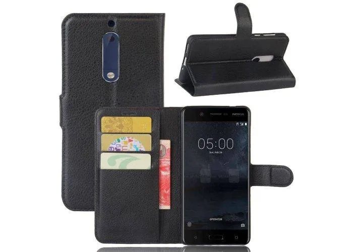 Nokia 5 - læder cover / pung - Sort