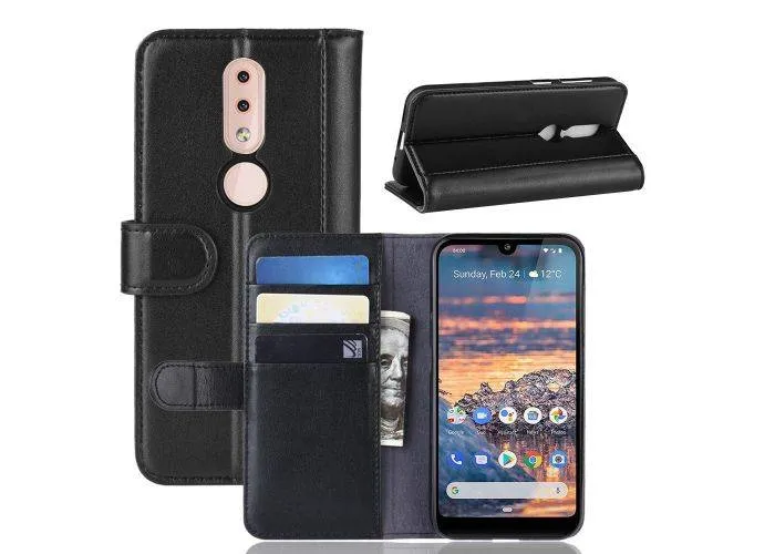 Nokia 4.2 - Ægte læder cover / pung - Sort