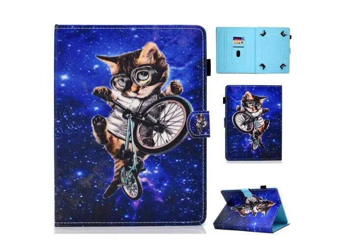 Universal iPad/tablet læder cover 9-10.1" - Med kortholdere - Cyklende kat