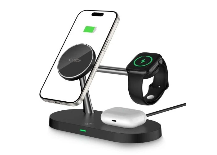 Tech-Protect 3-i-1 MagSafe trådløs oplader 15W med LED lampe - Sort