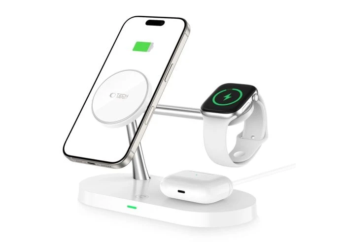 Tech-Protect 3-i-1 MagSafe trådløs oplader 15W med LED lampe - Hvid