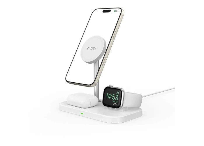 Tech-Protect 3-i-1 Trådløs Oplader 15W - MagSafe Kompatibel - Hvid