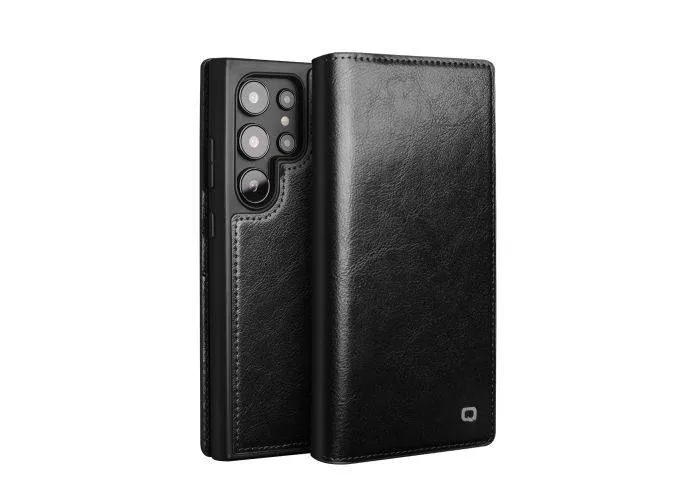 Samsung Galaxy S24 Ultra - QIALINO "Classic" ægte læder cover / pung - Sort