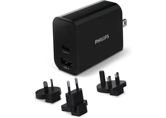 Philips Dual rejse PD oplader  30W - USB-C / USB-A  / 4 forskellige stik - Sort