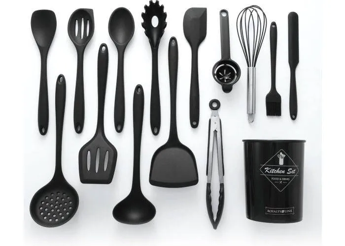 Royalty Line - Køkkensæt med holder i 15 dele - Non-Stick Silikone - Sort