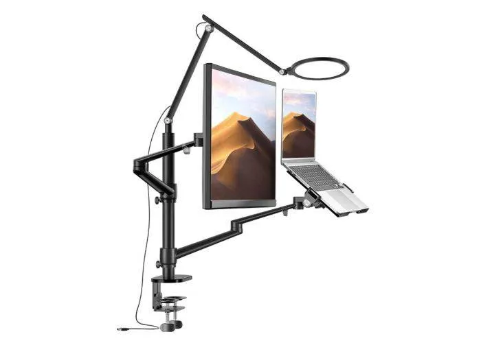 WERGON - Echo - Justerbar Dual holder med LED lampe - Til en Laptop 11-17" + en Monitor skærm Max 32" - Sort