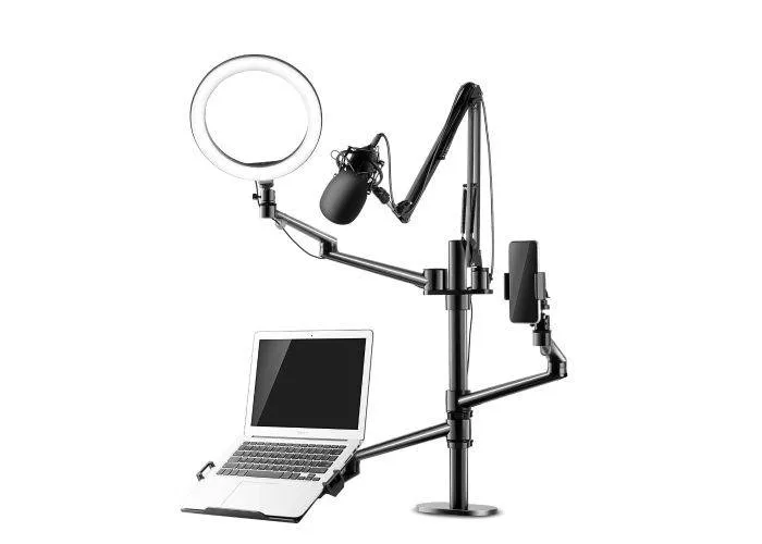 WERGON - Astra - Justerbar 5-i-1 holder med LED ringlys - Til Laptop/tablet/smartphone 4-17" + en Monitor skærm Max 32" - Sølv