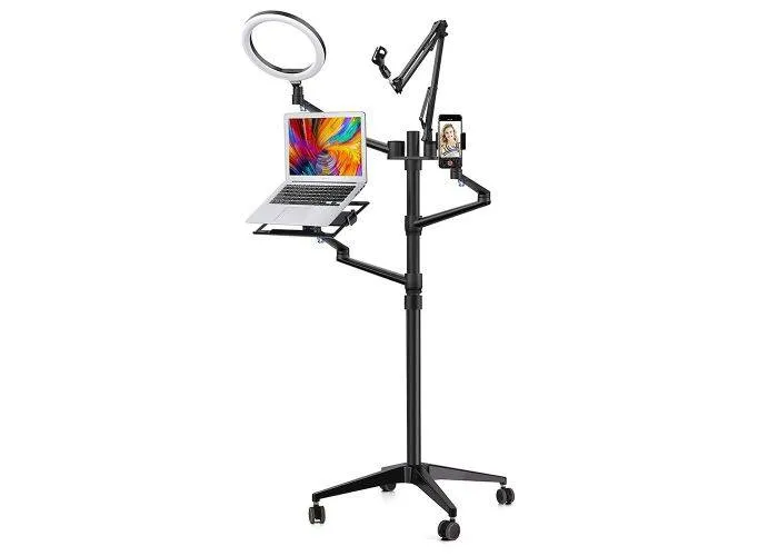 WERGON - Nova - Justerbar Alu 5-i-1 holder med hjul  m/ LED ringlys - Til Laptop/tablet/smartphone 4-17" + en Monitor skærm Max 32" - Sølv