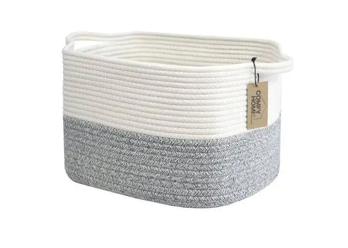 Opbevaringskurv / Vasketøjskurv i Bomuldsreb - 34x28x24cm - hvid/grålig