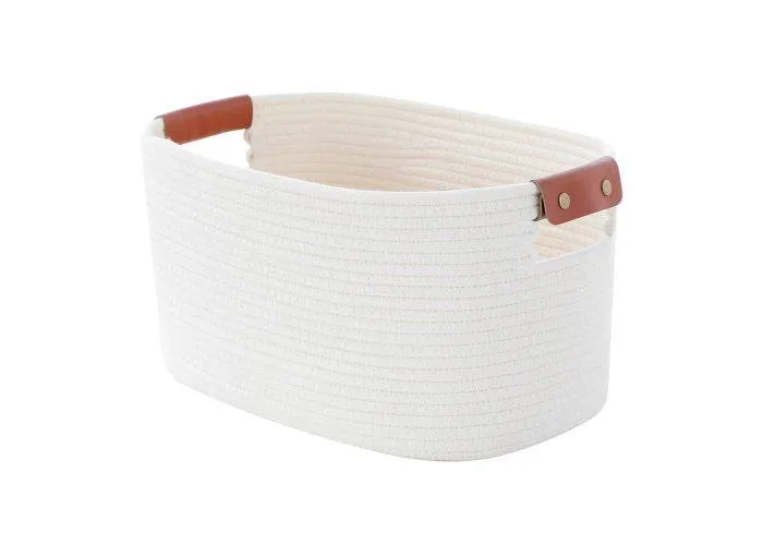 Opbevaringskurv i Bomuldsreb med læderhåndtag - 38x25x22.5cm - Hvid