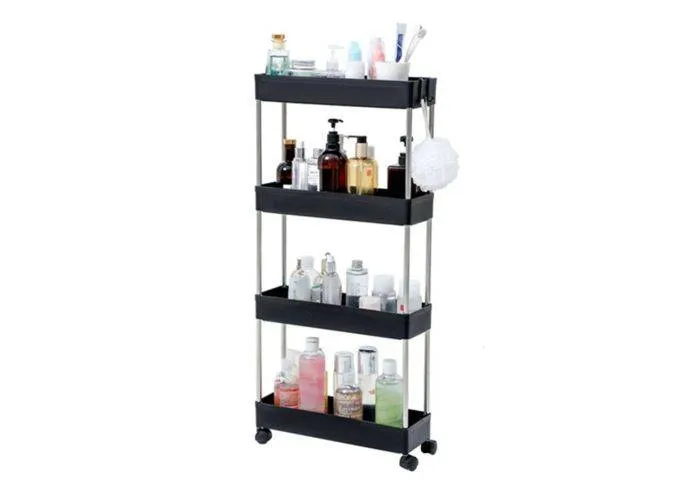 Smal Badeværelsesreol med 4 hylder og med Hjul str. 40x13x85cm - Sort