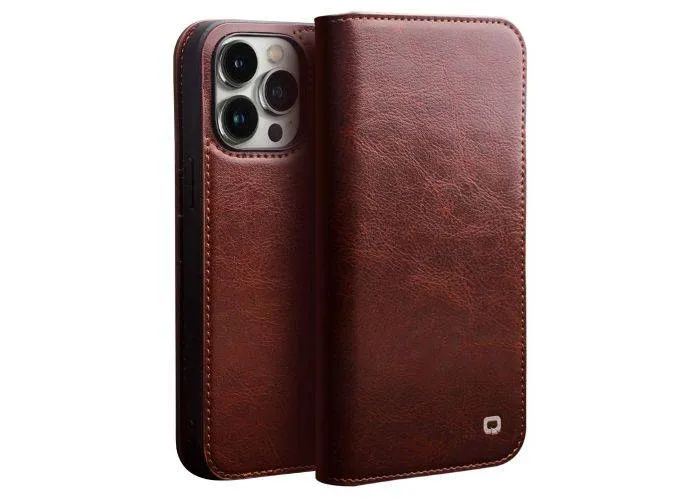iPhone 14 Pro Max - QIALINO "Classic" ægte læder cover / pung - Brun