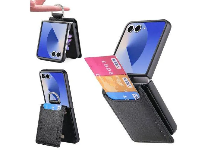 Samsung Galaxy Z Flip7 - Læder Hybrid cover med kortholder - Sort