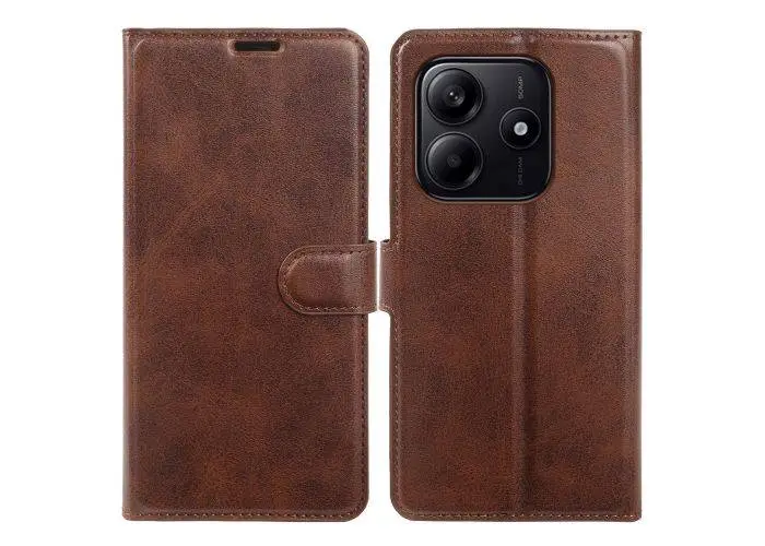 Xiaomi Redmi Note 14 5G - Vintage læder cover / pung - Mørk brun