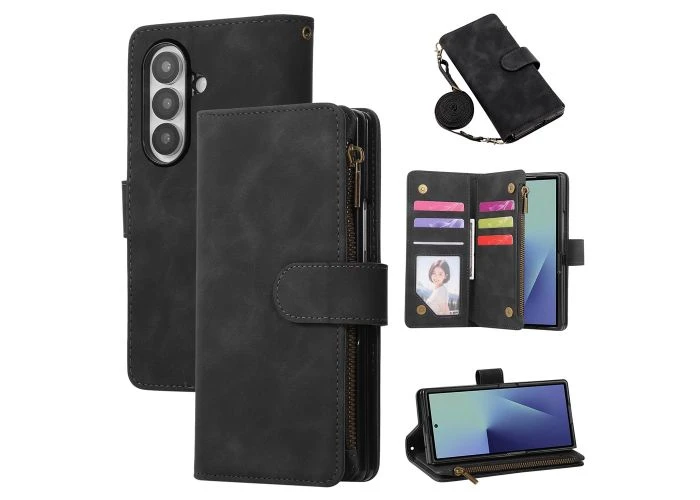Samsung Galaxy Z Fold8 Ultra - Læder cover / pung med multi kortholdere og lynlås - Sort