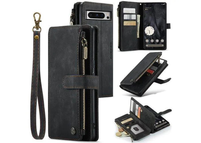 Google Pixel 8 Pro -  CASEME C30 læder cover / pung - Lomme med lynlås - Sort