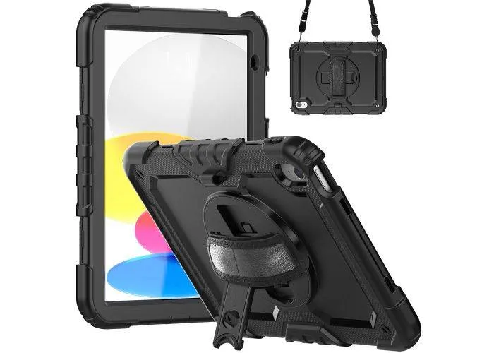 iPad 11 A16 (2025) / iPad 10.9 (2022) - Armor cover med skærmbeskytter & skulderrem - Sort