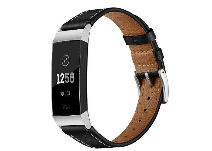 Fitbit Charge 3 / Charge 4 - Ægte læder urrem 75mm+ 115mm - Sort