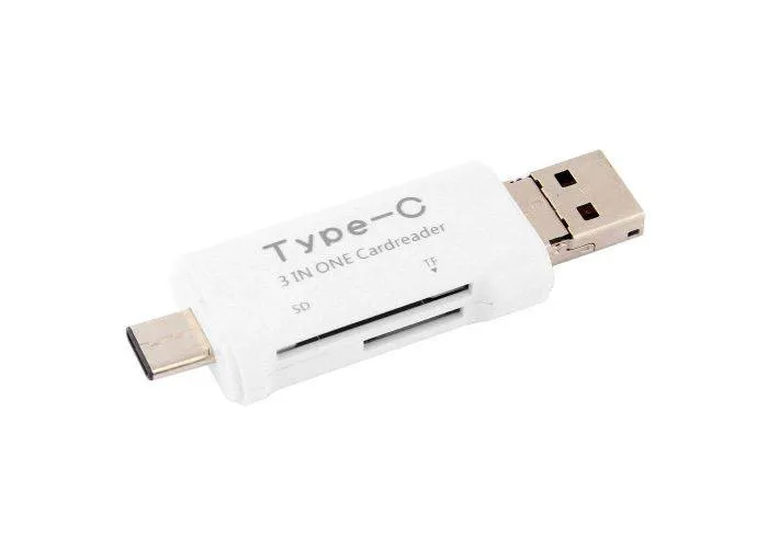 3-i-1 Type-C / USB / mikroUSB hukommelseskort læser - Hvid
