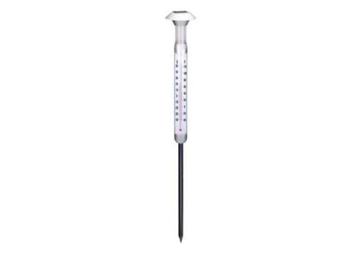 Grundig LED solcellelampe med termometer til haven på spyd - Hvid