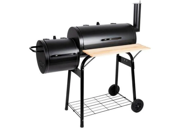 Alpina BBQ Kulgrill af stål med separat rygeovn med låg, termometer, hjul, lufttilførsel og kulbakke