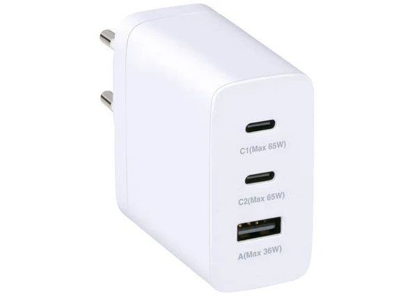 Grundig 3-porte USB-C PD GaN 65W Ultra hurtig oplader - 2x USB-C / 1x USB-A - Hvid