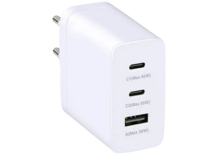 Grundig 3-porte USB-C PD GaN 65W Ultra hurtig oplader - 2x USB-C / 1x USB-A - Hvid