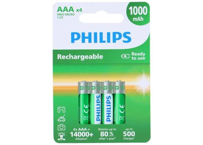 Philips AAA genopladeligt batteri 1000mAh - Pakke med 4 stk.