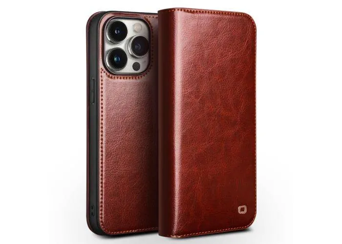 iPhone 15 Pro - QIALINO "Classic" ægte læder cover / pung - Brun