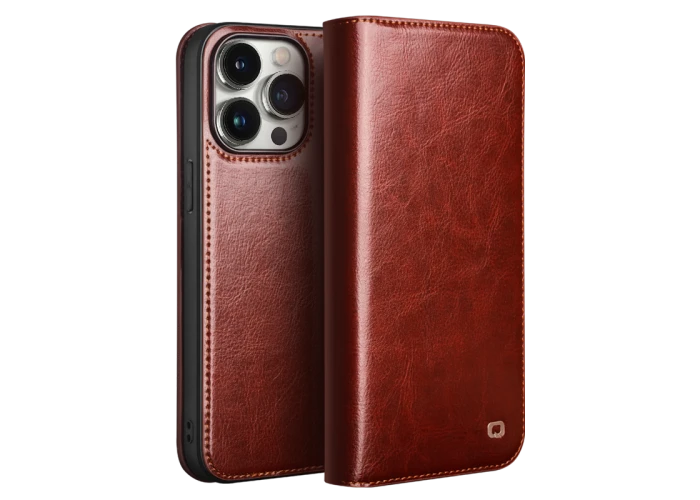 iPhone 15 Pro Max - QIALINO "Classic" ægte læder cover / pung - Brun