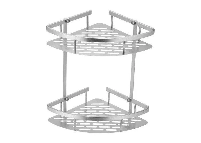 Hjørnehylde til Brusekabine/Bardeværelse i aluminium - To Hylder - To Kroge - Sølv