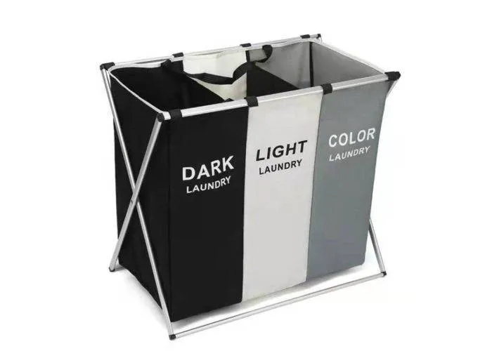 Foldbar Vasketøjskurv med 3 rum - 38 x 66 x 58cm - Sort/hvid/grå