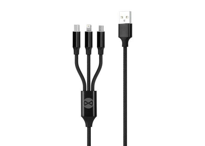 Forever 3-i-1 USB kabel - USB-C /Lightning / mikroUSB oplader kabel 1.2m - Sort