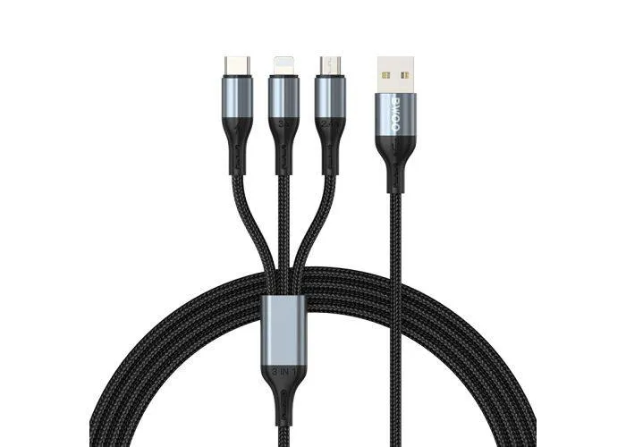 BWOO  3-i-1 USB-A til Lightning/USB-C/mikroUSB opladerkabel - 1m - Sort