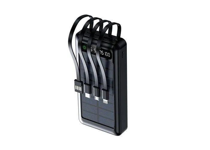 Setty powerbank med solceller 20000mAh - 4x indbyggede kabler - Sort