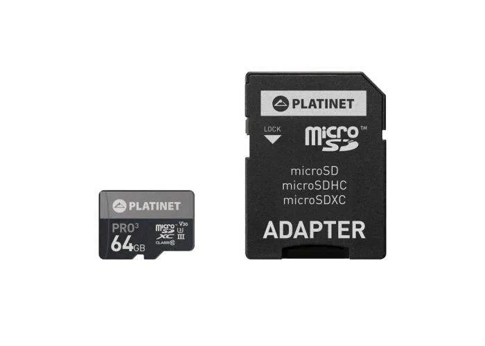 PLATINET MicroSDXC Hukommelseskort 64GB & 90MB/s + SD Kort Adapter
