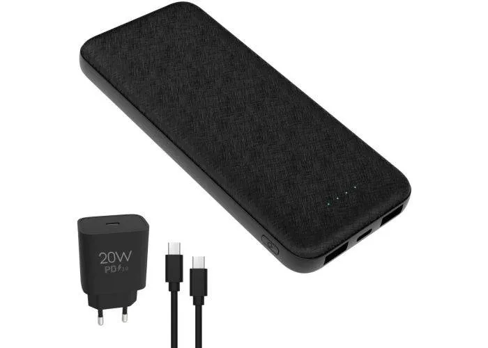 Platinet Powerbank 10000mAh - Inkl 20W USB-C vægoplader & kabel - Sort