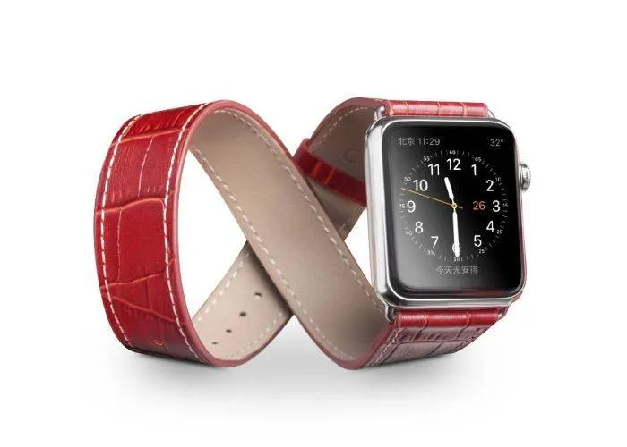 QIALINO Crocodile - Apple Watch 45/44/42mm Double Loop Series 7,6,5,4,3,2,1 - Ægte læder rem - Rød