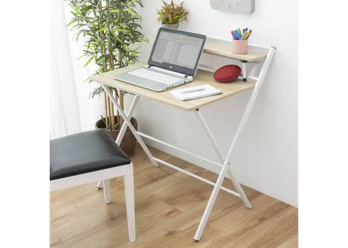 Foldbart skrivebord med hyld - MDF + stål - str. 84 x 97 x 60 - Lys bøg