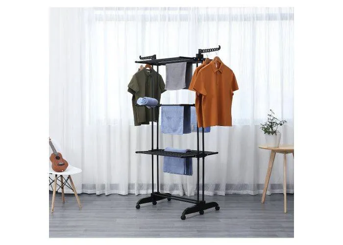 RACK Flex - Tørrestativ / Tøjstativ - sammenklappelig design - 3 niveauer med 8 alu stænger - Sort