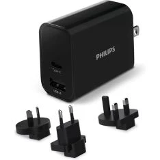 Philips Dual rejse PD oplader  30W - USB-C / USB-A  / 4 forskellige stik - Sort